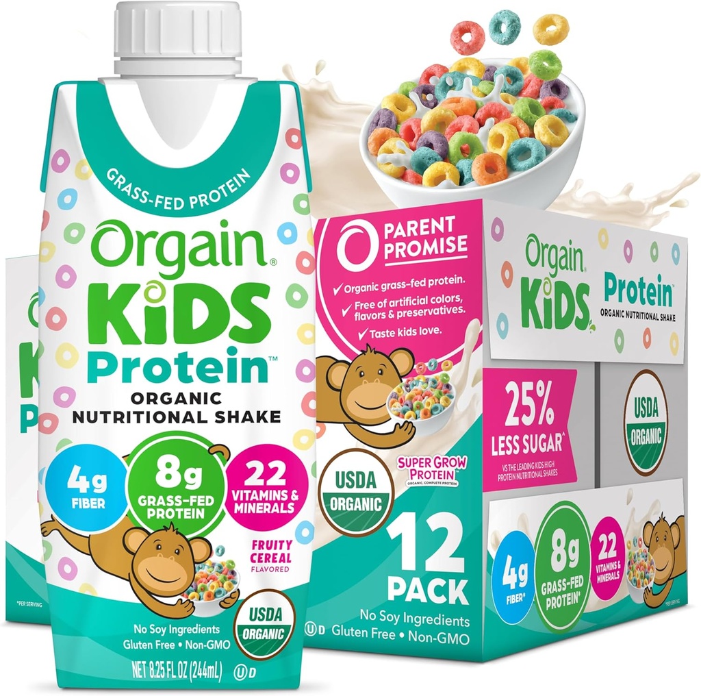 Orgain Organic Kids Nutritional Protein Shake, Fruity Cereal - Kids Snacks med 8g Dairy Protein, 22 Vitaminer og Mineraler, Frukter og grønnsaker, Glutenfri, Sojafri, Ikke-GMO, 8.25 Fl Oz (pakke av 12)