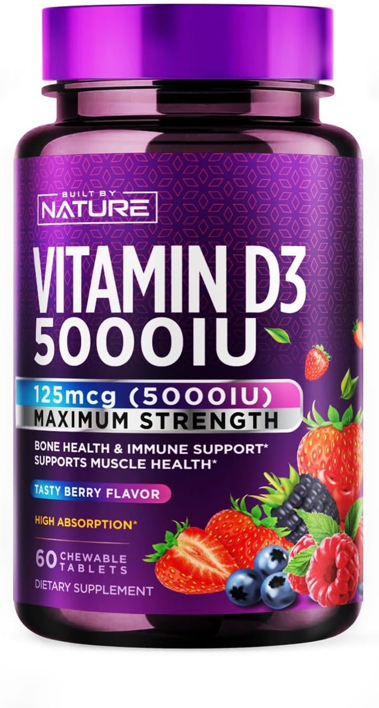 Bygget av Natur Chewable vitamin D3 5000 IE - vitamin D Supplement Chews - sukker gratis og naturlig Berry Flavor - 60 tabletter