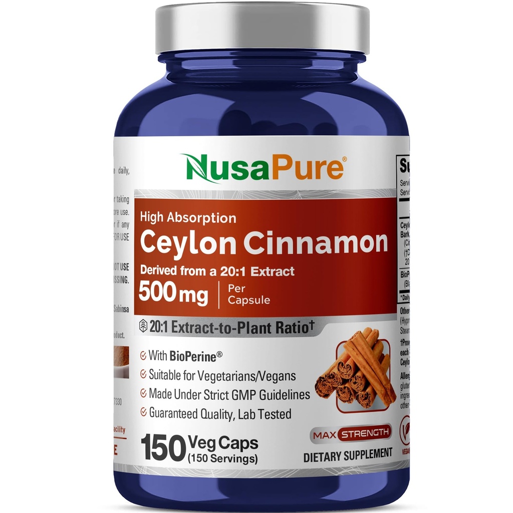 NusaPure Ceylon Cinnamon20:1 Ekstrakt, 500 mg Ekvivalent med 10 000 mg per Caps | 150 Veggie Capsules | Ikke-GMO, Vegan med Bioperin