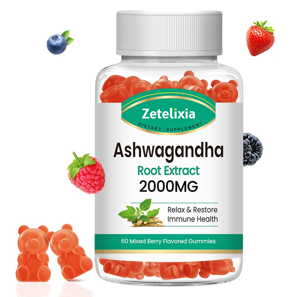 Ashwagandha Gummies, Extra Styrke Vitamin D3, Organic Ashwa Root Extract Supplement for rolig Mood Relaxation & Immune Support, Blandet Berry Vegansk Sukker Gratis Chews 60 greve