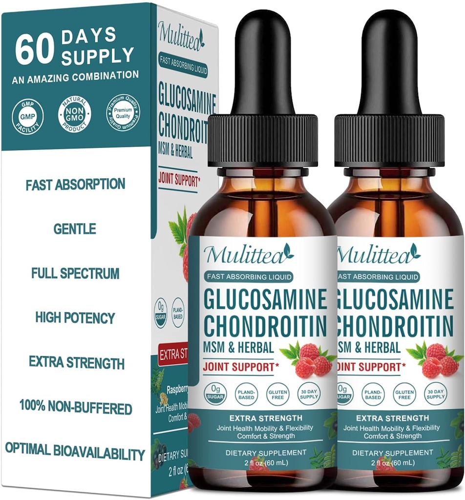(2 Pakke) Glukosamine Chondroitin MSM flytende dråper - Ekstra styrke felles støtte Supplement med eldrebær, Boswelia, Bromelain, Hyaluronsyre - Antioksidant immun støtte for voksne, menn og kvinner
