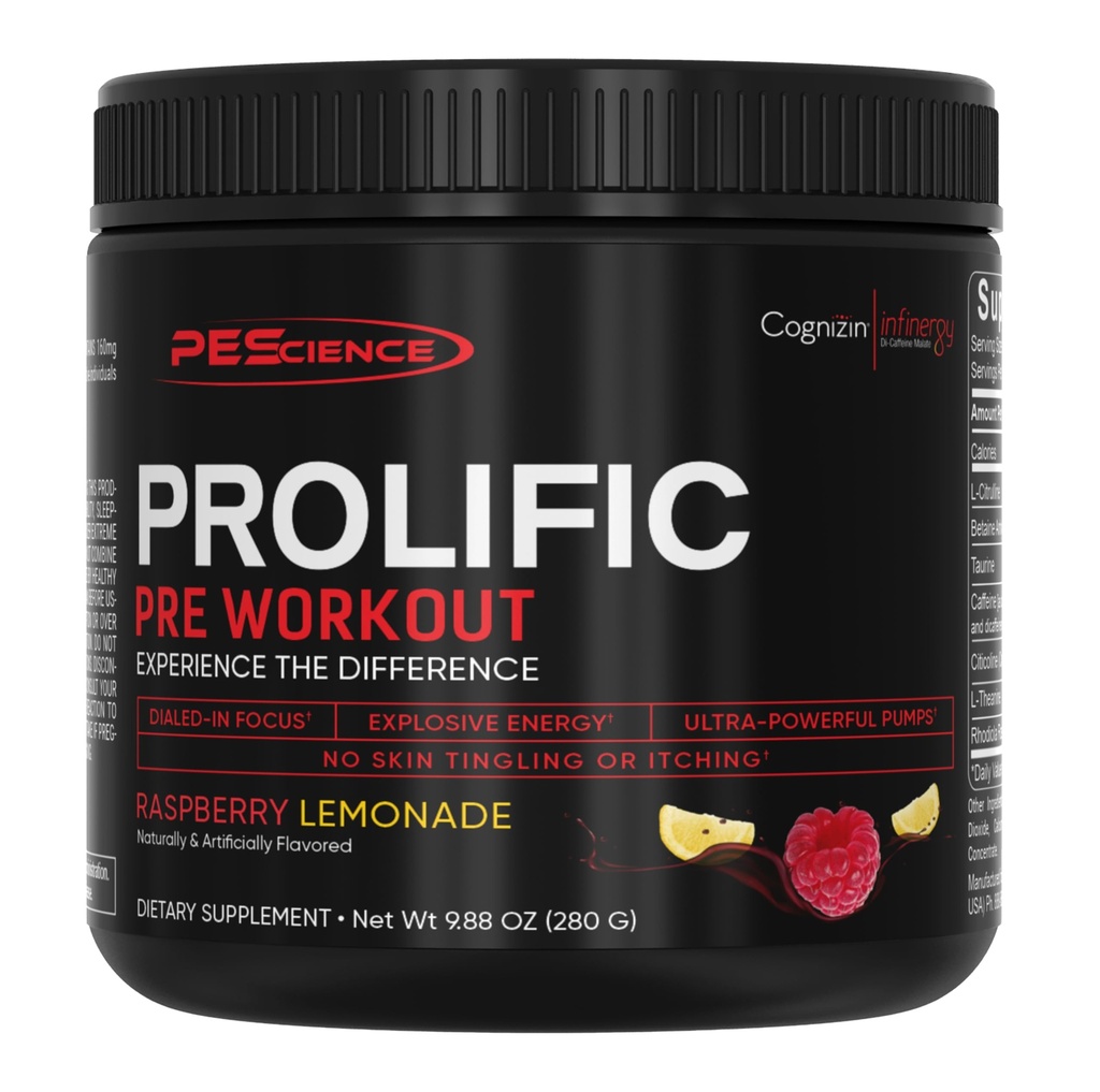 PEScience prolific pre trening pulver for menn og kvinner med L-Citrulline nitric Oxid Booster, energi pulver og nootropisk for fokus – Preworkout uten Beta Alanine – 40 Scoops, bringebær sitronade
