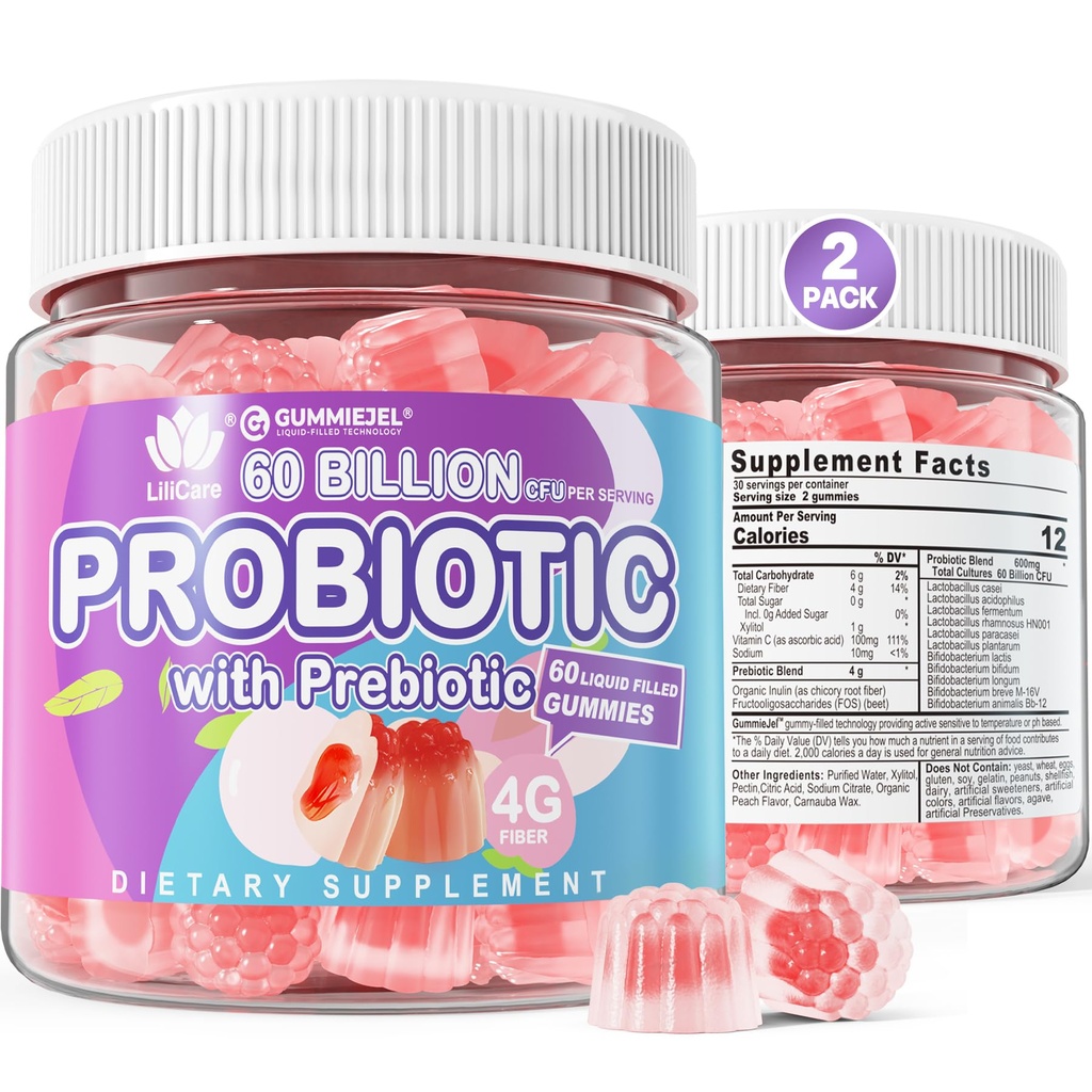 2Pack Probiotic + Prebiotics Gummies Sukker Gratis 60 milliarder CFU, 11 Strains Probiotika Fylte Gummies For Kvinner Digestiv Helse og Gut Helse, Støtter Diarré, Gas & Bloating