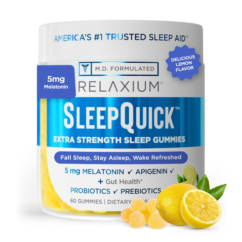 Relaxium søvn rask gummy, søvnhjelp støtte, 5 mg melatonin, vitamin D-3, prebiotiske og probiotiske blanding, gluten & narkotika, sitron flavor, 60 gummier