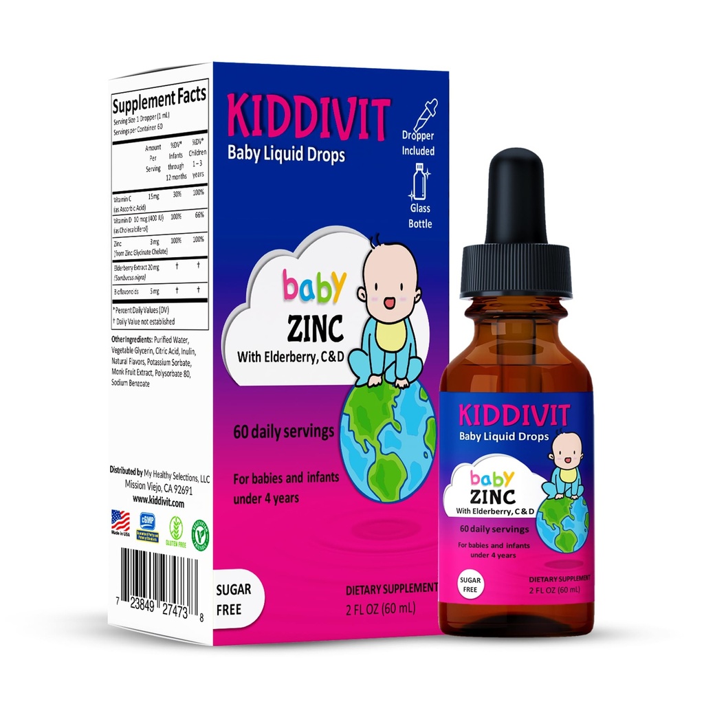 Kiddivit Baby Zink flytende dråper med eldrebær, vitamin D3 & C – Gentle Immune Support Supplement – 60 daglige serveringer, inulin forsterket prebiotisk fiber – sukkerfri, glutenfri, vegetarisk, 2oz