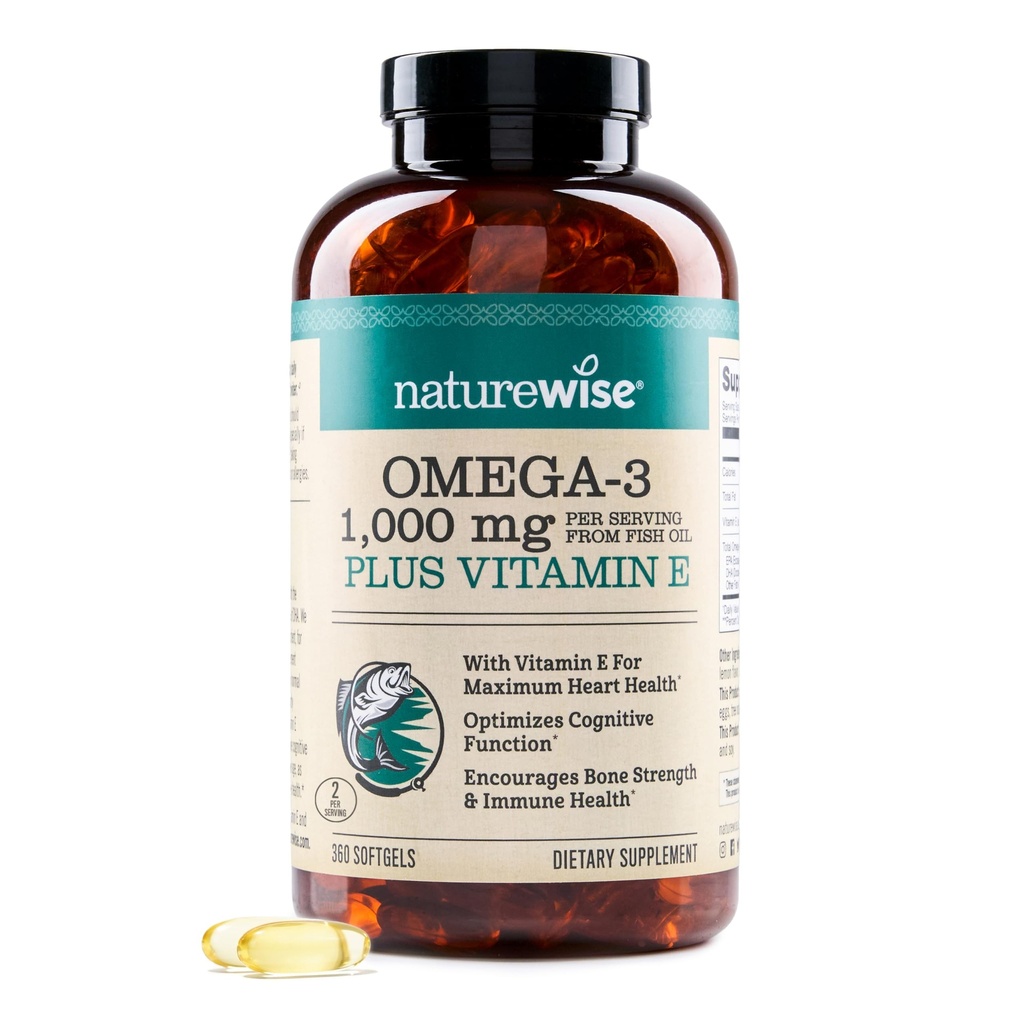 NatureWise Extra-styrke Omega 3 Fish Oil Supplement - 1000mg per servering - 600 EPA & 400 DHA og vitamin E - Støtte for hjerte og hjerne helse - sitron flavor, GMO-fri - 360 Softgels[6-måneders forsynings]