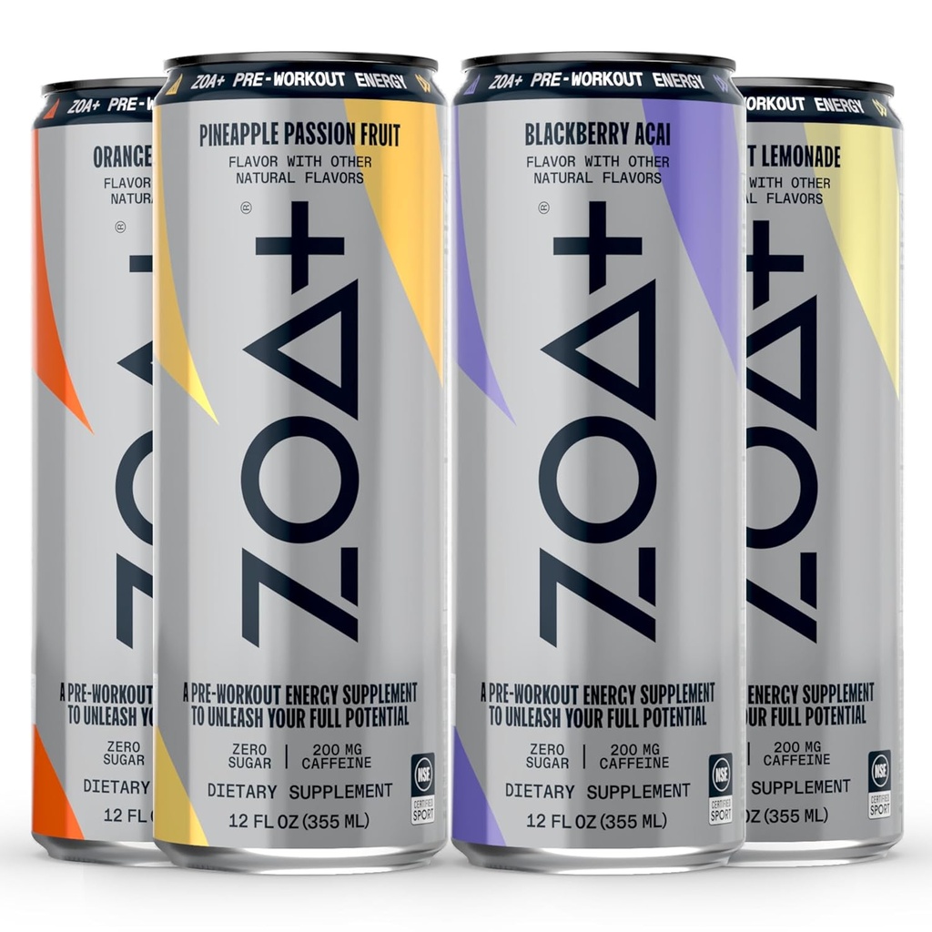 ZOA+ Pre Workout Energi Drink, Variety Bundle - NSF Certifisert for Sport med null sukker, nitrogenoksid støtte, B & D vitaminer, Aminosyrer og elektrolyter - 48 pakke