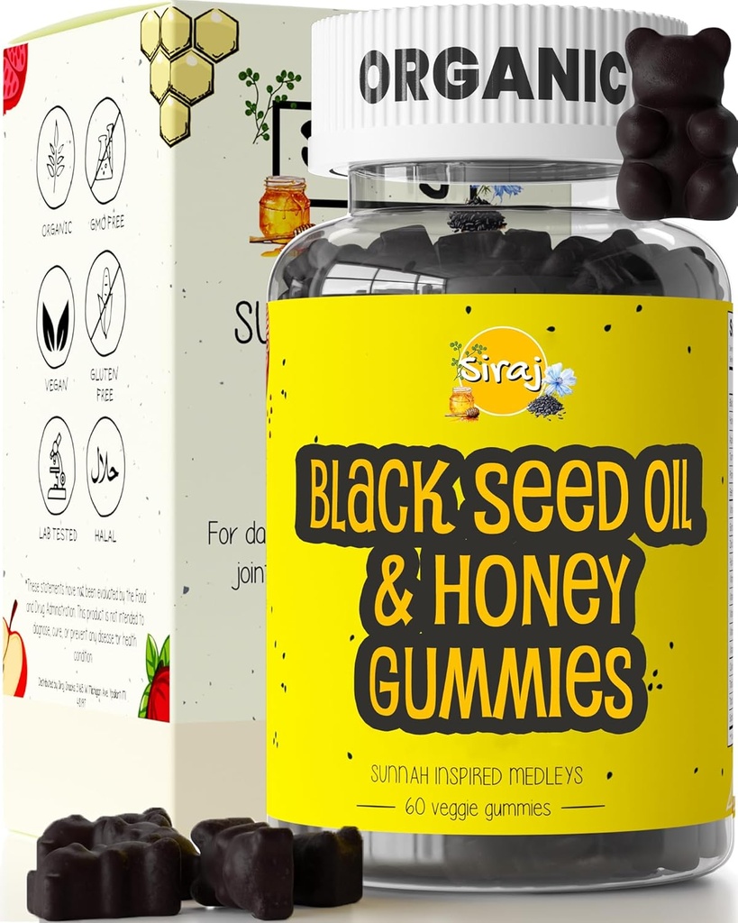 Siraj organisk svart frø olje gummier w / penger & 15% Tymoquinon | Multivitamin for immun støtte, stress relief gummy vitaminer | Turmeric, Apple Cider vinegar, multivitamin gummier