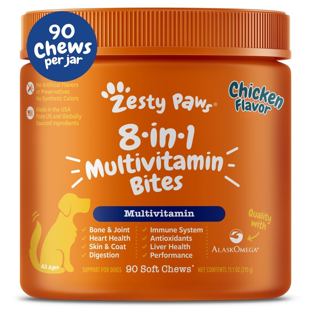 Zesty Paws Hund Multivitamin, Chewable Hundevitaminer og kosttilskudd for Hip & Joints, Hud & Coat, Omega 3 Fiskeolje for hunder - Senior & Puppy Multivitamin - Kylling - 90ct
