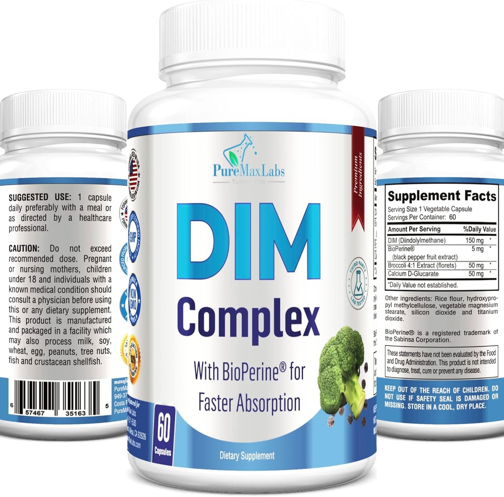 DIM Supplement – 150mg DIM (diindolylmetan), Broccoli, Kalsium D-Glucarate & Bioperin - Hormon Balance for menn og kvinner, estrogen, Menopause Balance - 60 kapsler