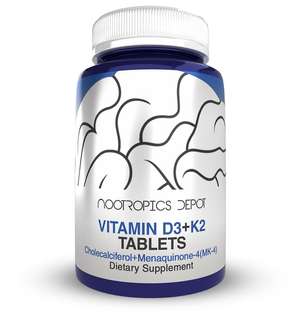 Nootropics Depot Vitamin D3 + K2 med vitamin C-tabletter | 60 greve | Kolekalciferol + Menaquinon-4 (MK-4) | Mood, & Bein helse | Sunn kalsiumabsorpsjon