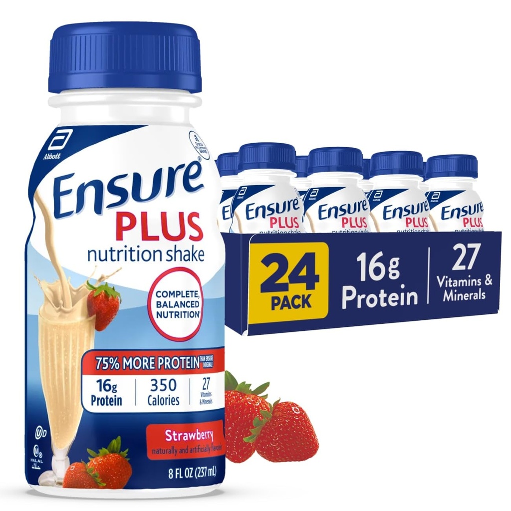 Sikre Plus Jordbær ernæringshake | Måltid erstatningshake | Klar til å drikke | 16g protein og 27 vitaminer og mineraler | 8 fl oz - 24 Pack