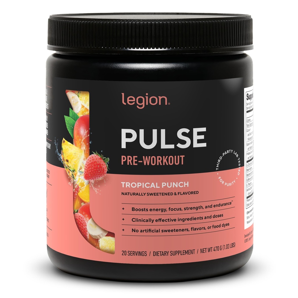 LEGION Pulse Pre Workout - Alt naturlig nitric oksid preworkout drikke for å øke energi, kreatinfri, naturlig søtet, Beta Alanine, Citrulline, Alpha GPC (tropical Punch)
