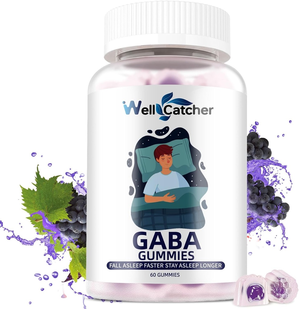GABA Supplement Gummies 500mg: Chewable GABA L-theanine Supplement Gummies for voksne barn Ikke Melatonin søvnhjelp rolig sinn med 5-HTP for stress relief Zzz bedre sukker gratis Grape Flavor 60CT