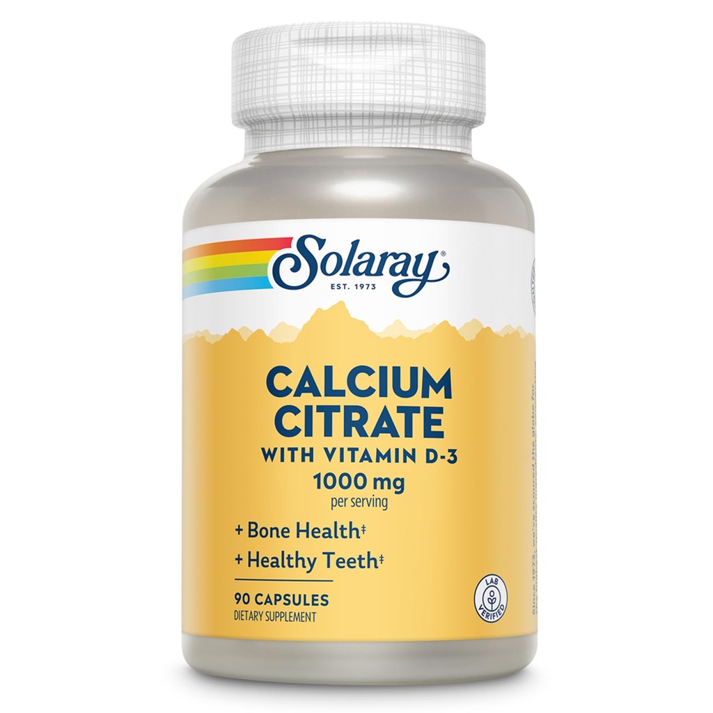Solaray kalsiumcitrat med vitamin D3 1000mg - Beinstyrke og sunn tannstøtte - Gentle Digestion formel - Lab Verifisert, 60-dagers garanti - 15 Serveringer, 90 Kapsler