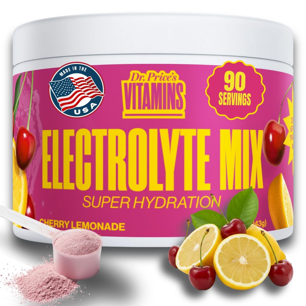 Dr. Price Elektrolyte Mix | sukkerfri Hydration pulver med 72+ Spor Mineraler | Ingen sukker, rask dissolving elektrolyter pulver pakker | Cherry lemonade, 90 serveringer