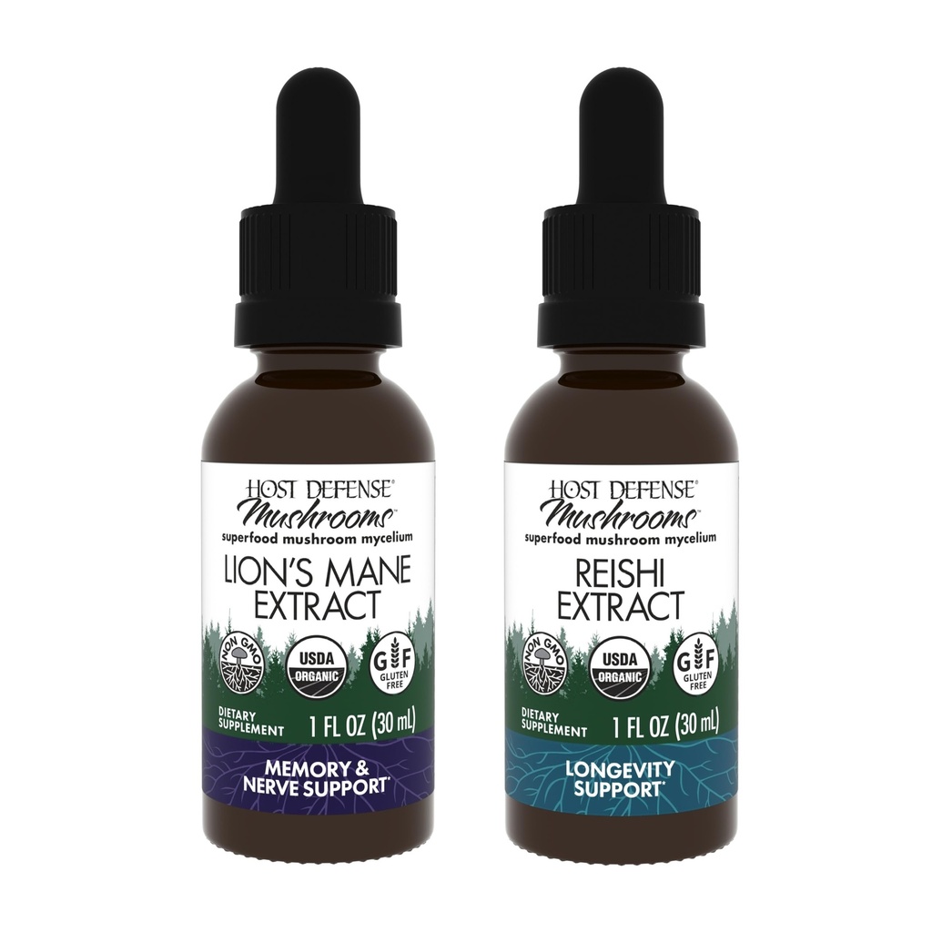Host Defense Bundle med Lion's Mane Extract, 1 fl oz & Reishi Extract, 1 fl oz - Støtte Hjerne Helse Helse, Minne & Fokus - Støtte hjerte og immun helse*