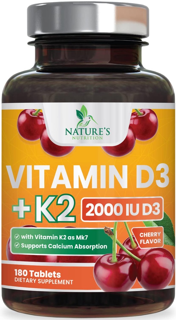 Vitamin D3 K2 2000 IU Plus med K2 (MK-7) 75 mg - Vitaminer D & K Complex Supplement for bein, tenner, muskel, kalsiumabsorpsjon, støtter immun- og hjertehelse, ikke-GMO Chewable Formula - 180 tabletter
