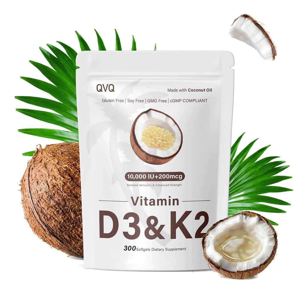 300 stk 2 i 1 vitamin D3 10000 iu Plus K2 (MK-7) 200mg Jomfru Coconut olje Softgels med vitaminer D & K støtter kalsiumabsorpsjon, bein, immun, og hjerte helse – lett å svelge