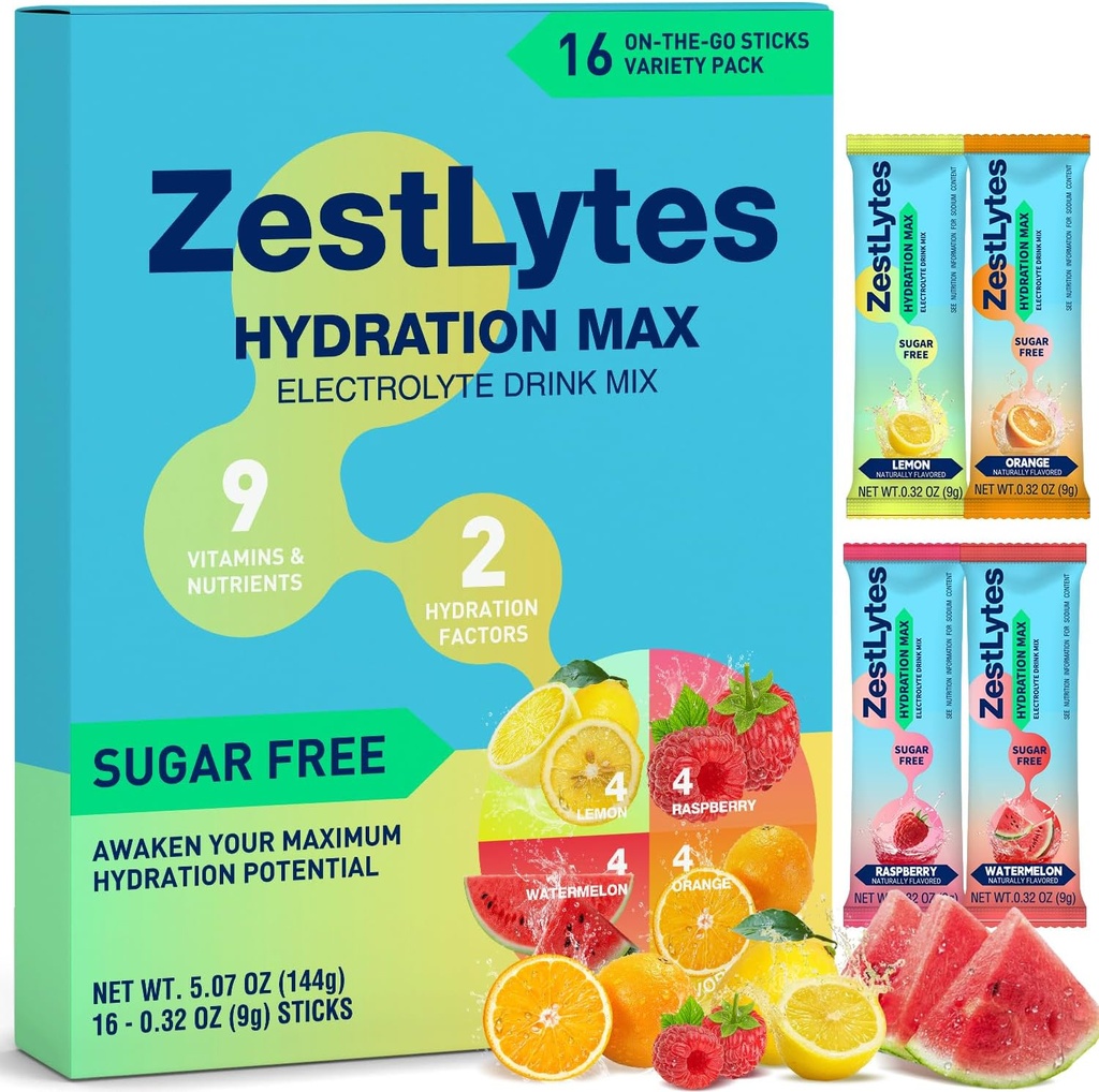 Salte fruktflavor pulver pakker, elektrolyte pulver drikk blanding, flytende hver dag IV drikke blanding for rehydrering Max | sukkerfri | 9 vitaminer og næringsstoffer | 2 Hydration Factors | 16 Sticks