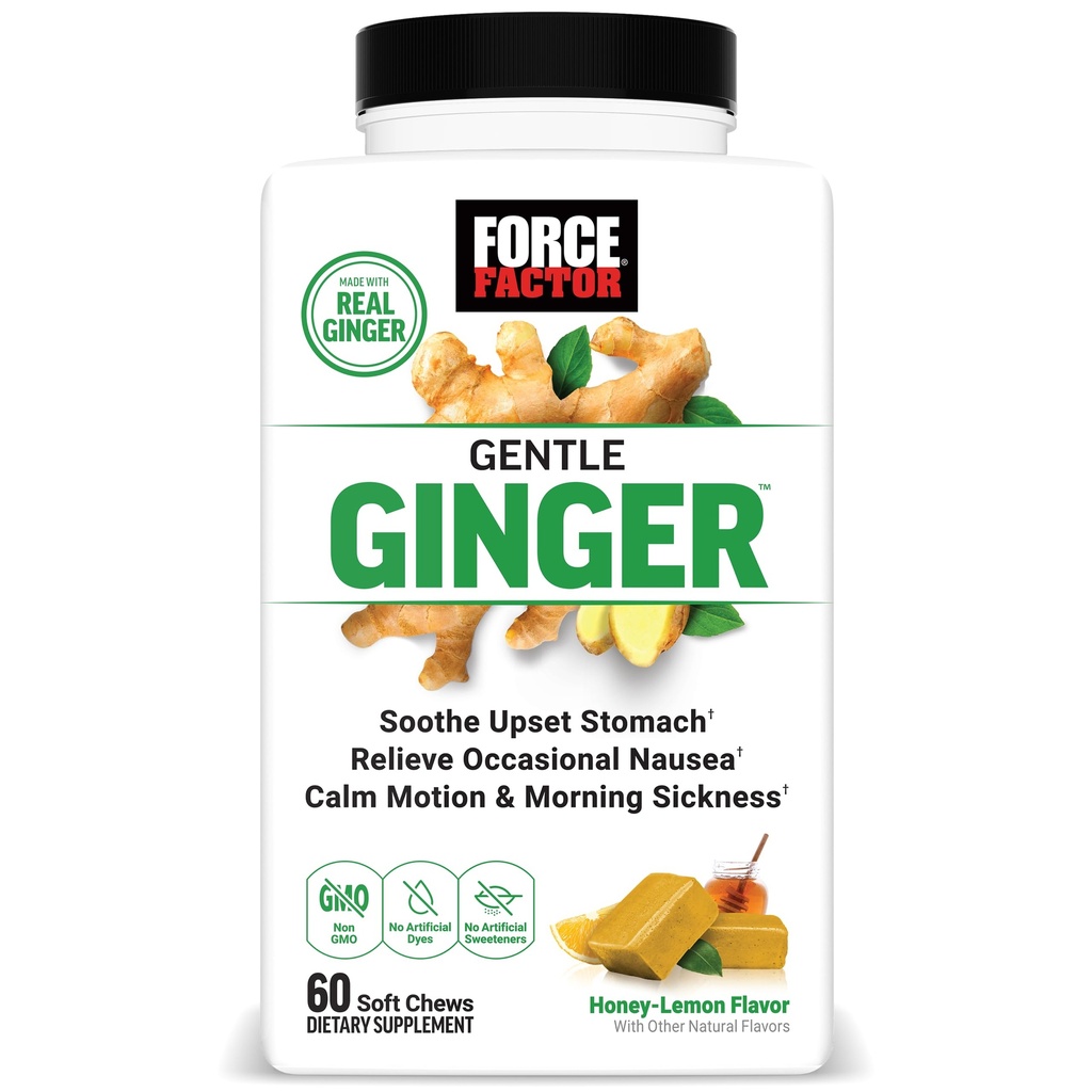 FORCE FACTOR Gentle Ginger Chews for trist relief, bevegelsessyke, og morgensykhet, Ginger Supplement med vitamin B6 for digestiv støtte, ikke-GMO, Honning-Lemon Ginger Flavor, 60 Soft Chews