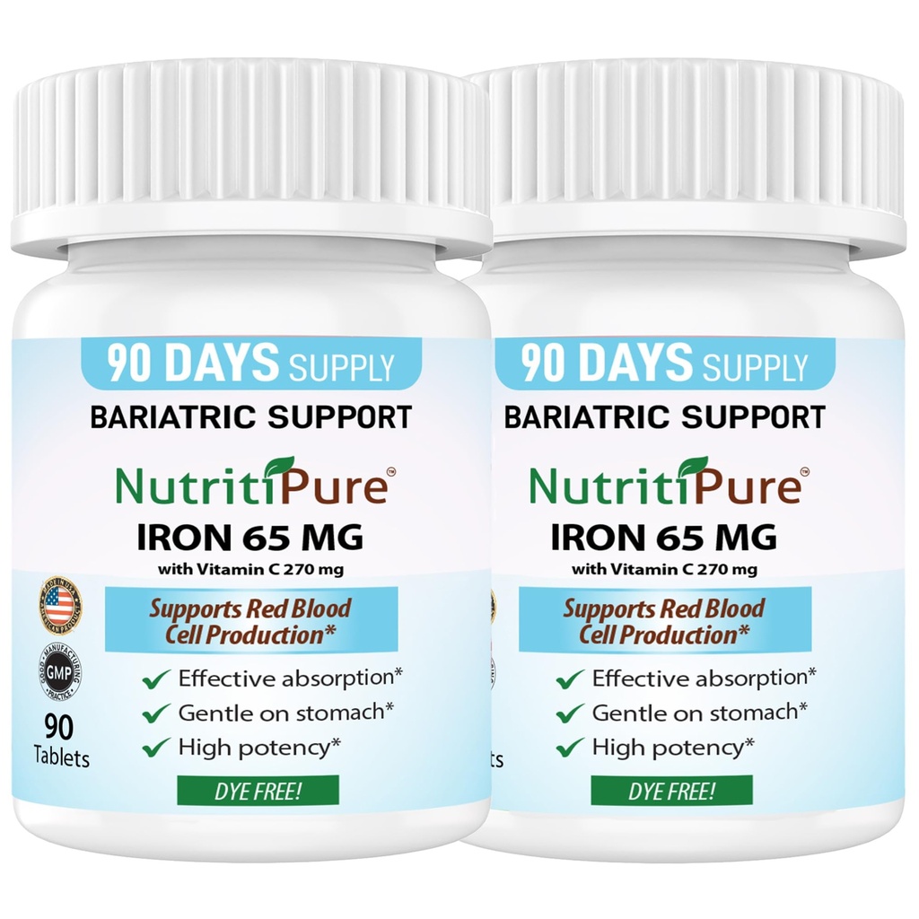 Karbonyl jern tablet 65 mg med 270 mg vitamin C |180 dagers forsyning | for kvinner/menn | høy potens Bariatriske vitaminer for WLS pasienter inkludert gastrisk bypass | Dye gratis (2)