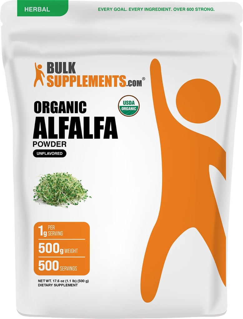BulkSupplements.com Organic Alfafa Grass Powder - Alfalfa Supplement, Grønn Supermat pulver - Vegansk & Glutenfri, 5g per servering, 500g (1,1 lbs) (Pack of 1)