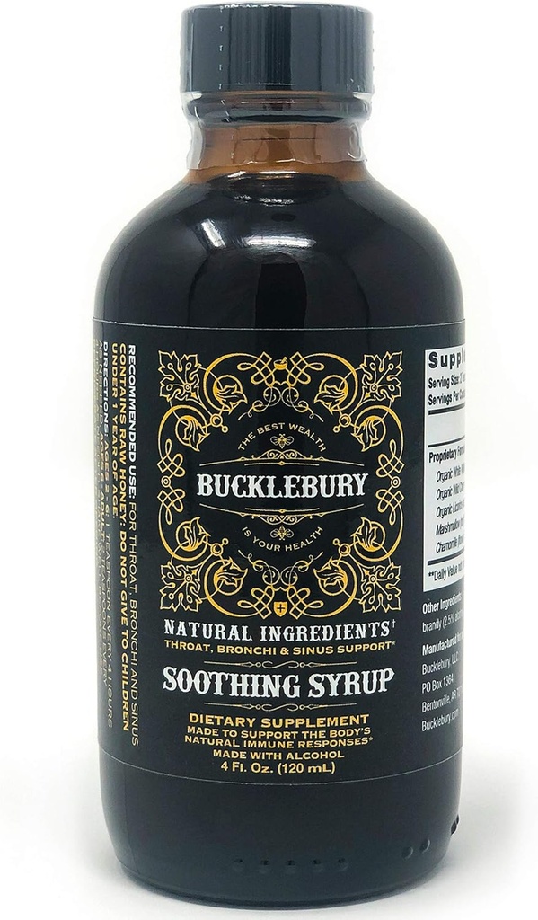 BUCKLEBURY Soothing Herbal Syrup - Øvre respiratorisk støtte, Original Premium Herbal Alt i ett Supplement for Sinus, Bronchi, Throat og pustende støtte - 4oz