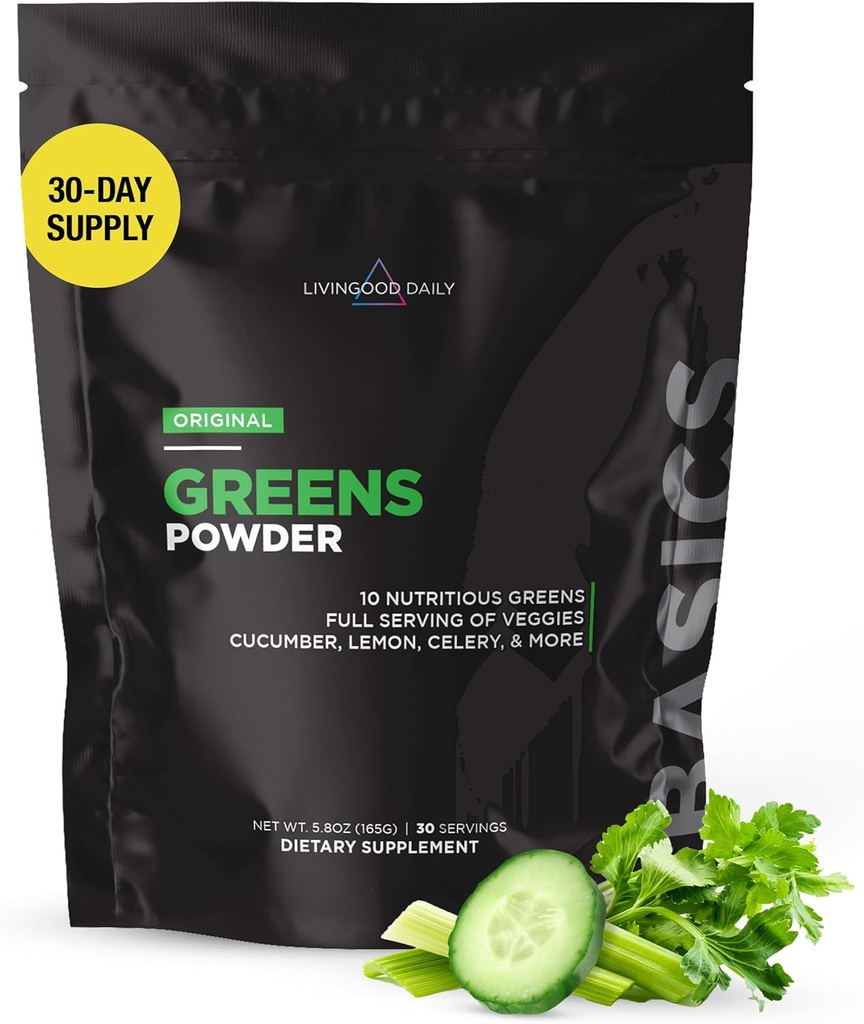 Livingood Daily Basic Greens Powder, Super Greens Drink Blande med Spirulina, Broccoli, Kale, Wheat Grass & Klorella, Organisk Grønnsaker Blande, Vegan, Glutenfri, Ikke GMO, 30 Services