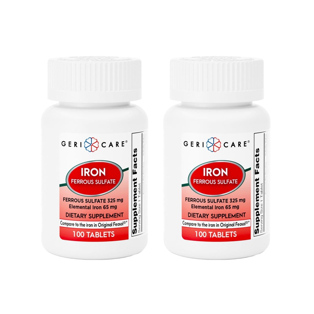 GeriCare Ferrous Sulfate Tabletter 325mg, Elementalt jern 65 mg høy styrke jern Supplement | Diett Supplement 100 greve. (Pack of 2)
