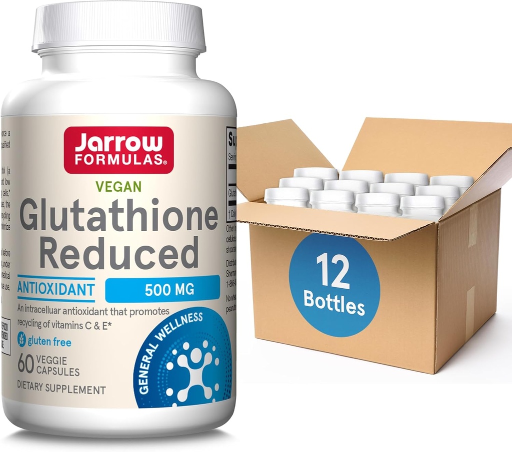 Jarrow Formler Glutation Redusert 500 mg- 60 Veggie Kapsler- Intracellulære Antioksidant- Kvalitet Glutation Kosttilskudd - Støtter resirkulering av vitaminer C & E- Ikke-GMO- Glutenfri Vegan, Pakke med 12