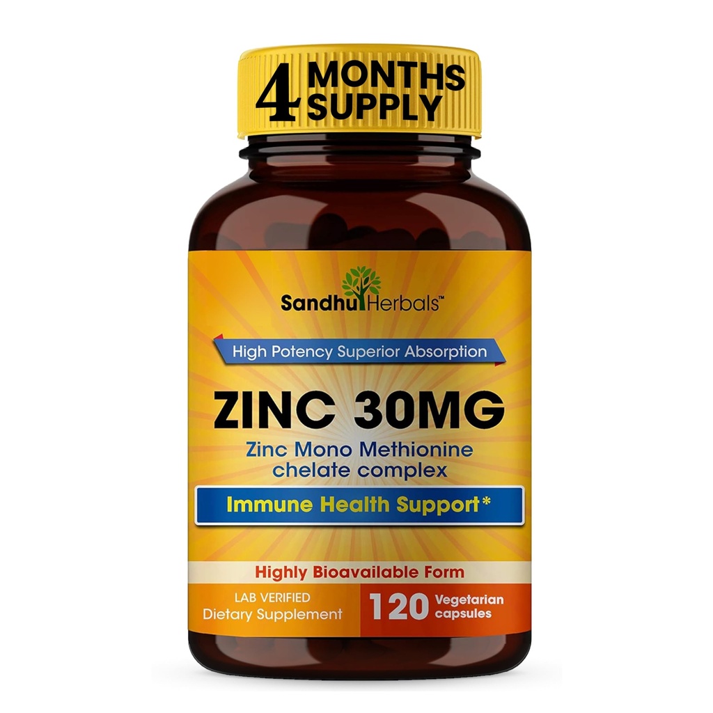 SANDHUHERBALS Sink 30 mg Kapsler for menn og kvinner | 120 greve (pakke med 1) | Sink kosttilskudd for immun- og antioksidant støtte | Zink 30 mg Supplement støtter hudens helse