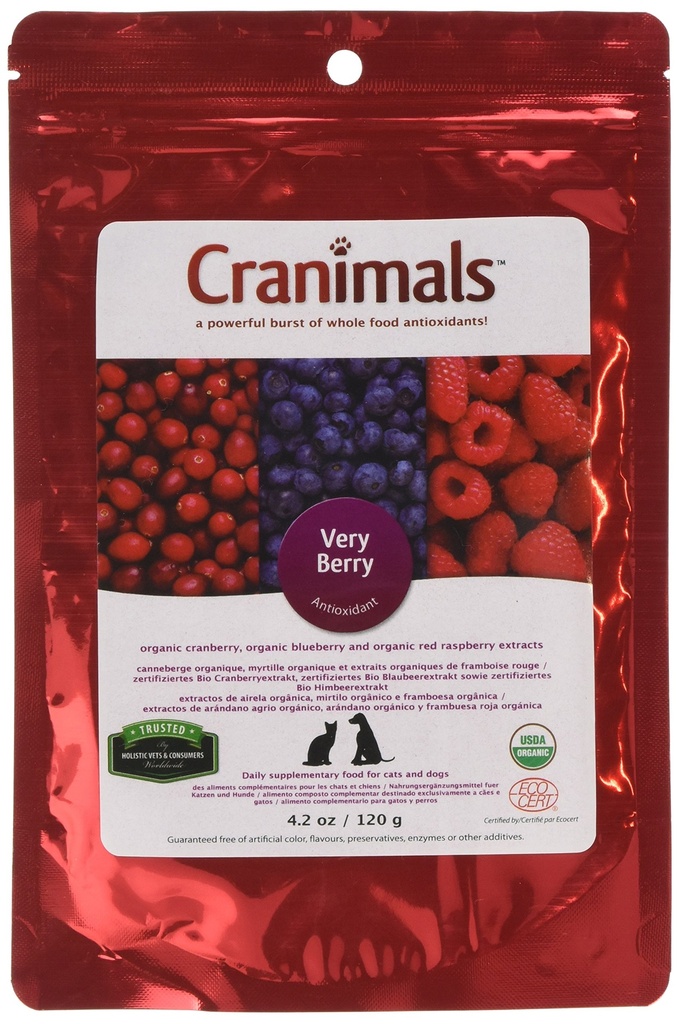 Kremdyr Veldig Berry Antioksidant Superfood Berry pulver for hunder og katter - Naturlig Antioksidant Boost fra tranebær, bringebær og blåbær, 120 g/ 4.2 Oz Bag
