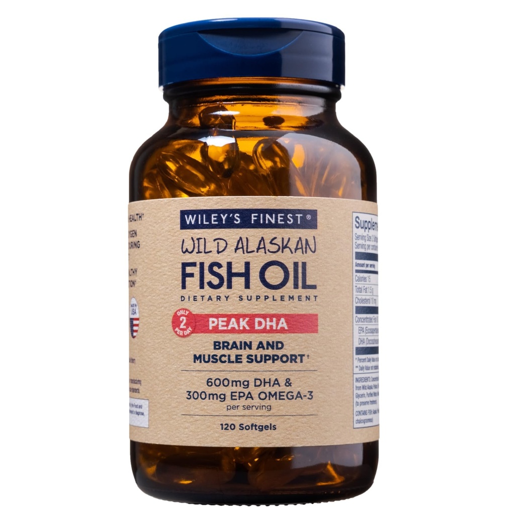 Wiley's Fineste Wild Alaskan Fish Oil Peak DHA - 900mg EPA og DHA Omega-3s - 120 Softgels (60 Services)