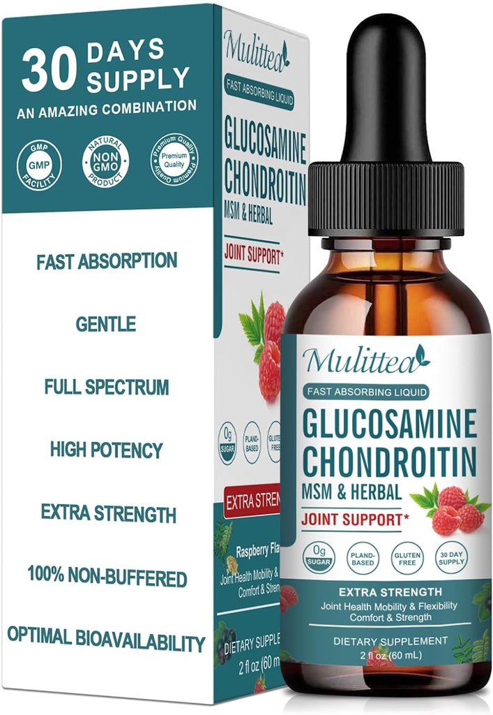 Glucosamine Chondroitin MSM flytende dråper-w/elderbær, Boswelia &Hyaluronsyre-ekstra styrke felles støtte tillegg for mobilitet, fleksibilitet og bein, høy absorpsjon, 60ml (2 fl oz)