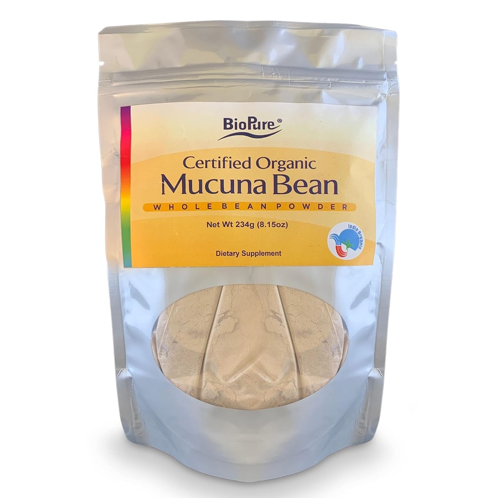BioPure Certified Organic Mucuna Bean pulver - Naturlig Nootropic & Adaptogen Supplement med dopamin & Serotonin for å støtte hjernens helse, kroppens stressrespons og total velvære - 8,15 oz