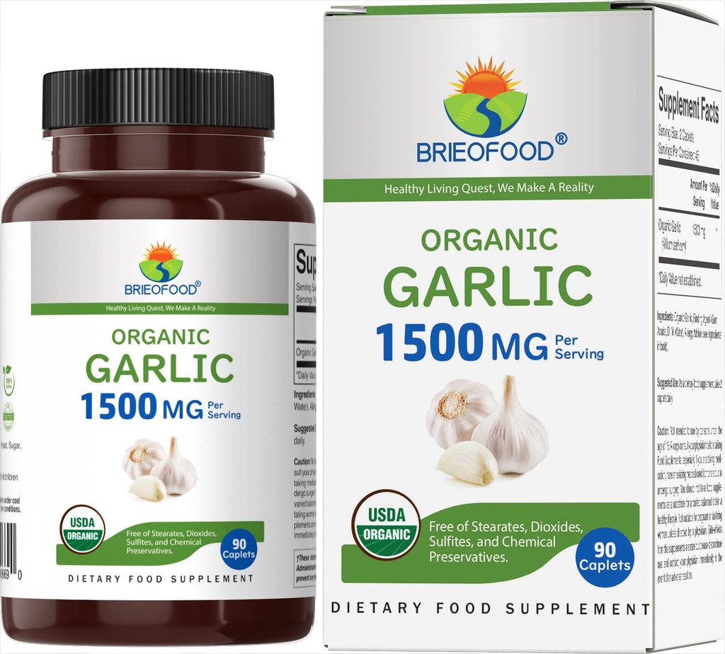 Brieofood organisk hvitløk 1500mg, 45 serveringer, vegetarisk, glutenfri, 90 vegetariske tabletter