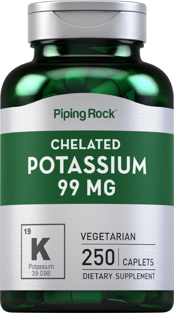 Piping Rock Chelated Kalium Supplement 99 mg | 250 kapeller | Kalium Gluconate | Vegetarisk, ikke-GMO, Glutenfri