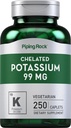 Piping Rock Chelated Kalium Supplement 99 mg | 250 kapeller | Kalium Gluconate | Vegetarisk, ikke-GMO, Glutenfri