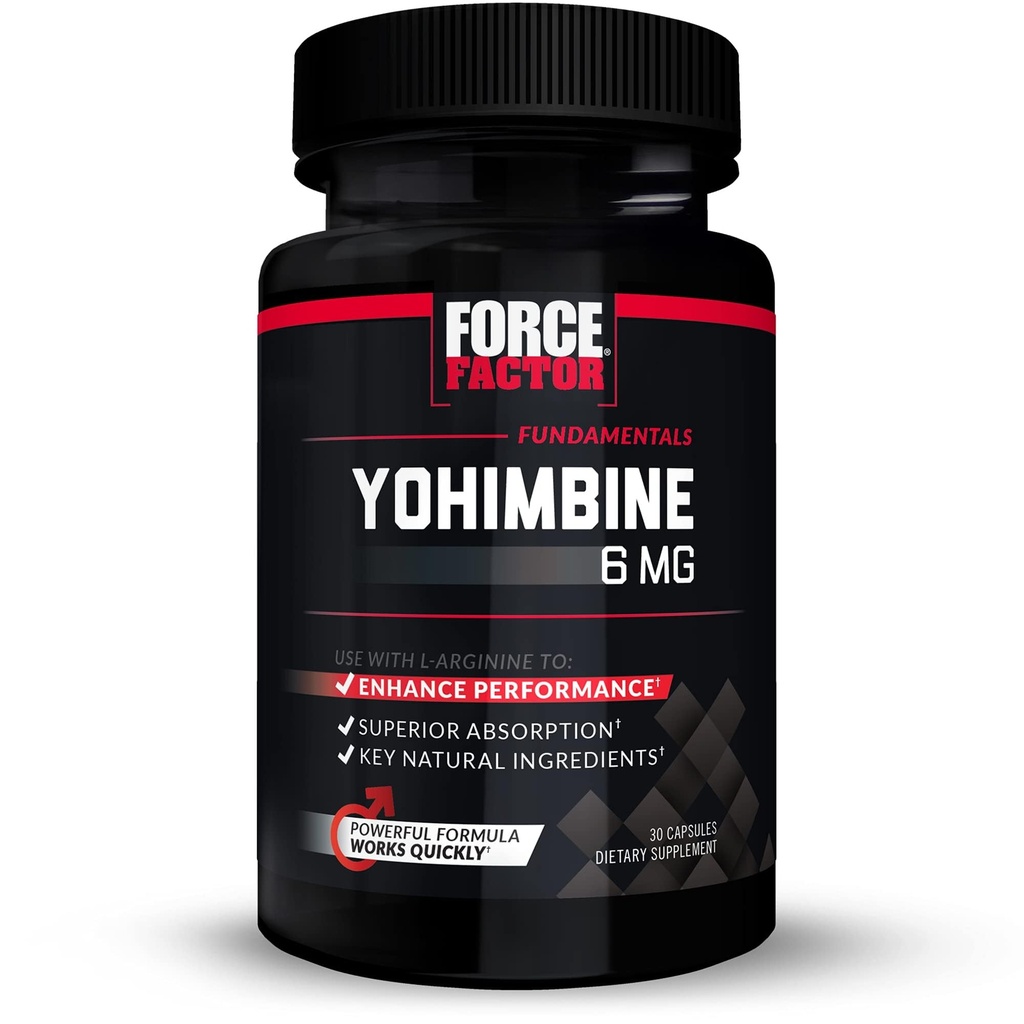 Force Factor Yohimbine Supplement for menn, Yohimbe Bark Extract med superior absorpsjon å forbedre ytelse, 6mg Yohimbine Bark piller med viktige naturlige ingredienser, fungerer raskt, 30 kapsler