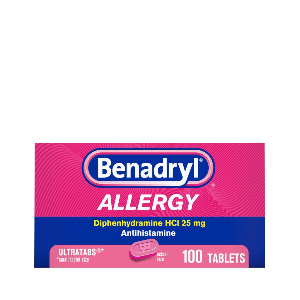Benadryl Ultratabs Allergi medisin, 25 mg Diphenhydramine HCl Antihistaminer Tabletter For Cold & Allergi Relief av symptomer som sneezing, Runny nese, kløende øyne og throat, Hay Fever, 100 greve tabletter