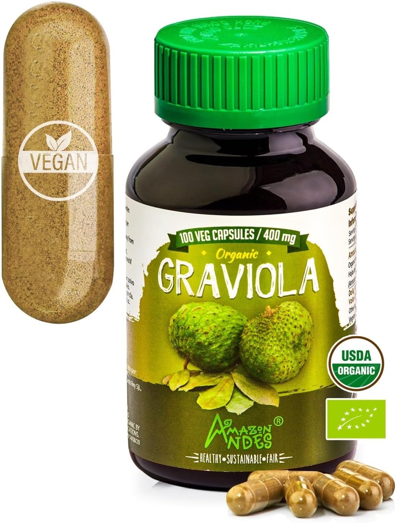 Andes Graviola Capsules - Rik på vitamin C & Fiber - Immunsystemstimulator - Sunn Cell funksjon - Vegan, ikke GMO, Glutenfri, Fairtrade Certified - 100 Soursop piller (400mg)