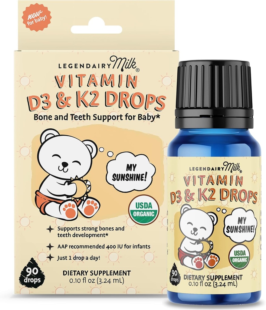 Legendairy Melk Økologisk Baby Vitamin D3 K2 Flytende dråper, 400 IU Baby Vitamin D dråper for spedbarn med K2 dråper, vitamin D-dråper for nyfødte, Todlere og barn, Vegan, 90 Drops Flytende