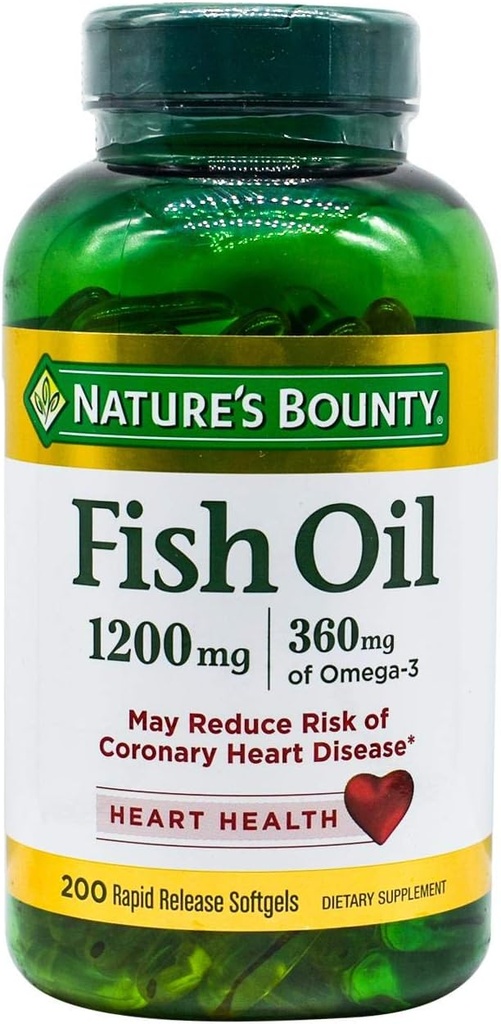 Naturens Bounty Fish Oil, støtter hjertehelse, 1200 mg, Rapid Release Softgels, 200 Ct