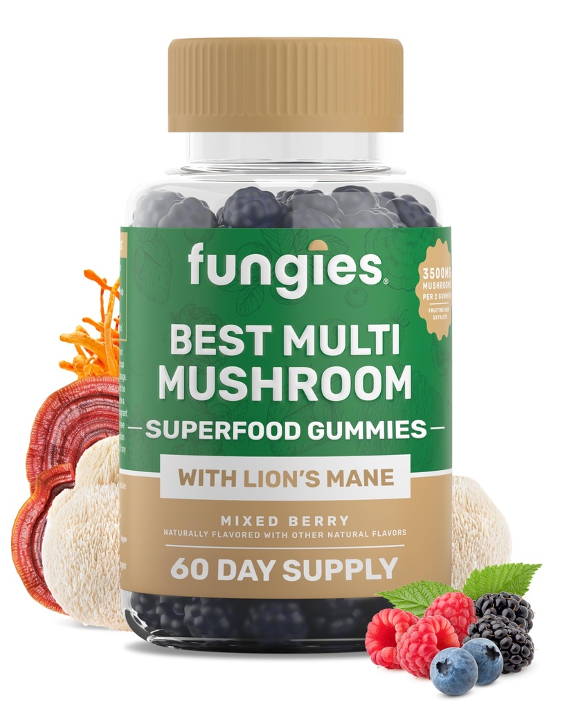 Svampe Multi Mushroom Gummies for menn og kvinner - Mushroom Supplement Inkluderer Lions Mane, Cordyceps, Reishi, Chaga, Shiitake, Maitake & Turkey Tail - Gelatin-fri, Glutenfri og Vegan Gummy vitaminer