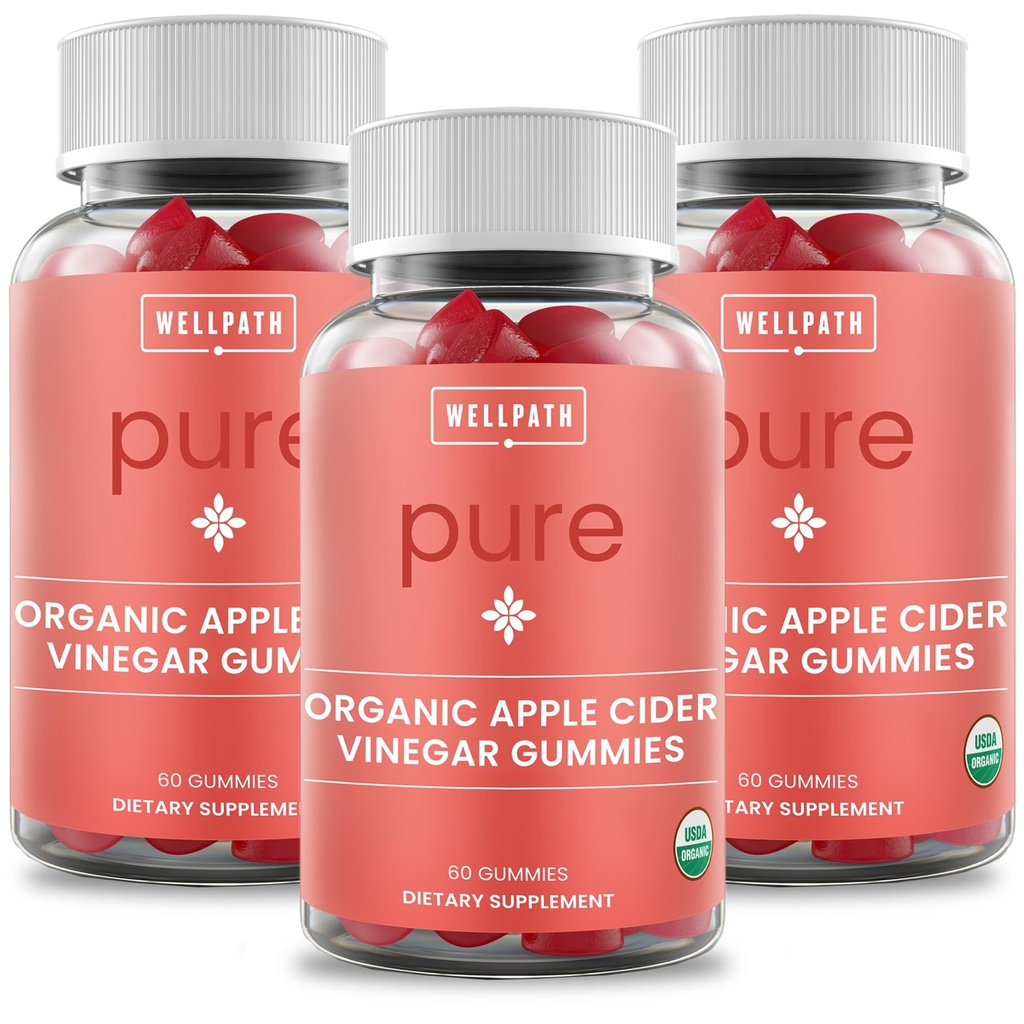 WellPath ren organisk Apple Cider Vinegar Gummies fra The Mother (3 Pack) - laget med Ginger for Gut Health | Vegan, ikke-GMO, 180 Ct