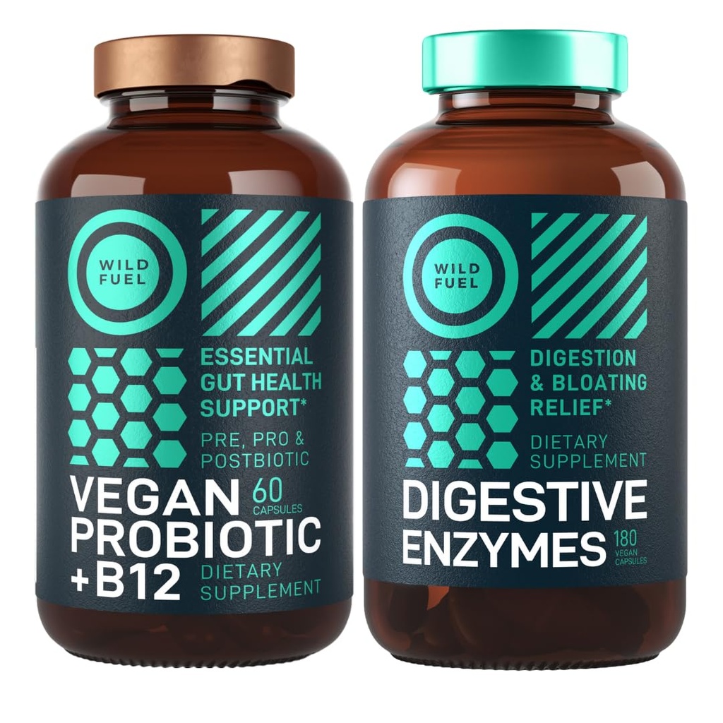 Digestive enzymer med probiotika og prebiotika og Vegan Probiotic Plus B12 Forbedret Digestive og Gut Health Bundle