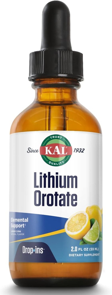 KAL Lithium Orotate Dropiner, Chelated | Mood & Relaxation Support | Naturlig sitron Lime Flavor | 2oz, Ca. 60 Serv.
