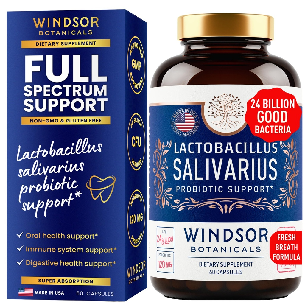 Lactobacillus Salivarius Probiotic - 24bn CFU L Salivarius Dental Probiotika for tenner og gums - dårlig pustebehandling for voksne, immunstøtte, Digestiv helse - 60 orale probiotiske kapsler