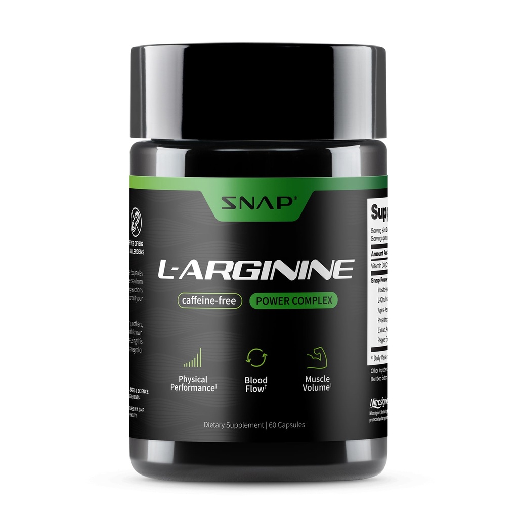 Snap Supplements L Arginine Capsules - støtter naturlig energi, økt blodstrøm og muskelvekst og kardio helse, 60 vegetariske kapsler (30 Services, 1 måneds forsyning)